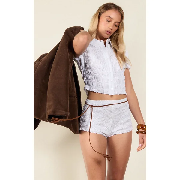 White Shirred Frill Hem Hot Pants