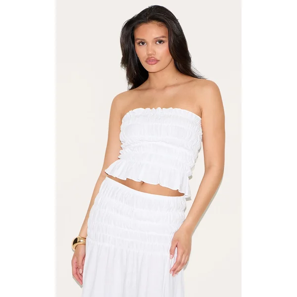 White Shirred Linen Look Bandeau Top