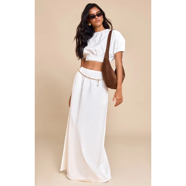 White Shirred Waist Low Rise Maxi Skirt