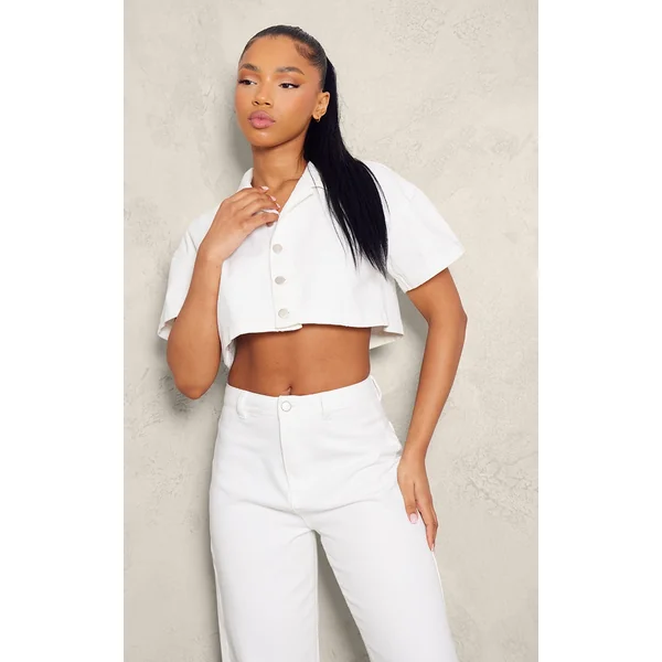 White Short Sleeve Cropped Denim Shirt