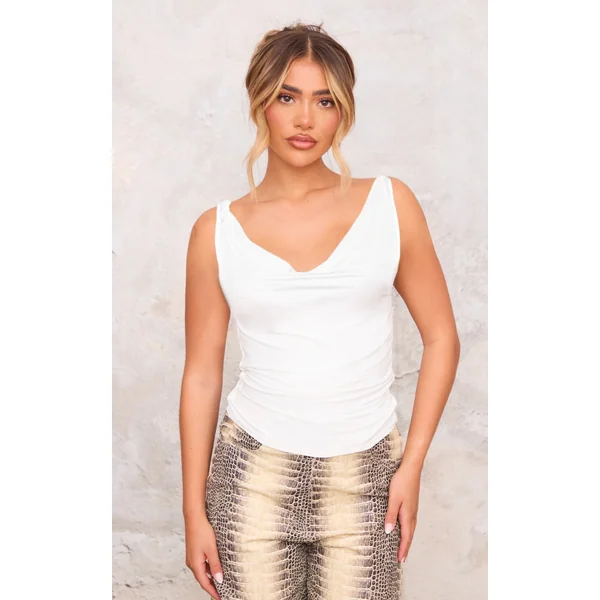 White Slinky Twist Arm Cowl Long Top