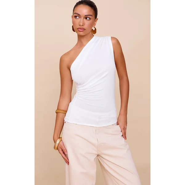 White Soft Cotton Asymmetric One Shoulder Long Top