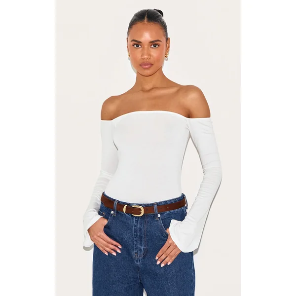 White Soft Cotton Bardot Long Sleeve Top