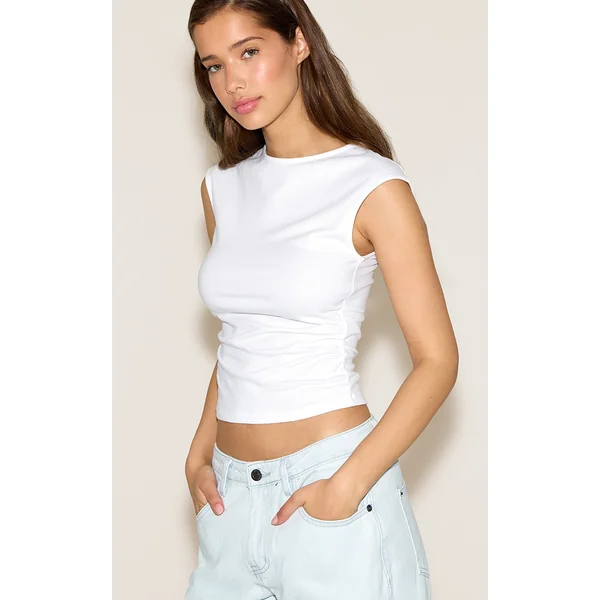 White Soft Cotton Ruched Side Sleeveless Top