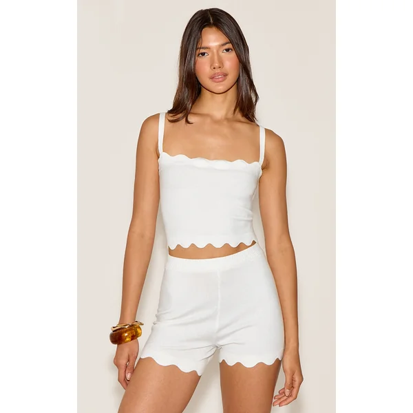White Soft Knit Scallop Hem Cami Top