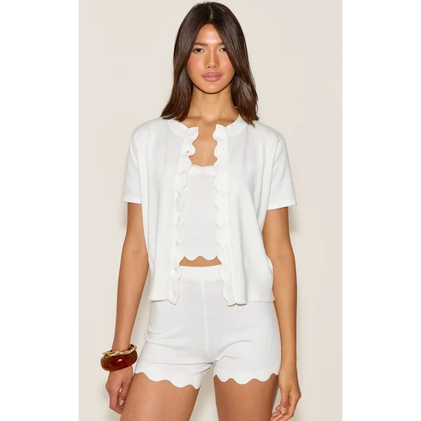 White Soft Knit Scallop Hem Fitted Cardigan