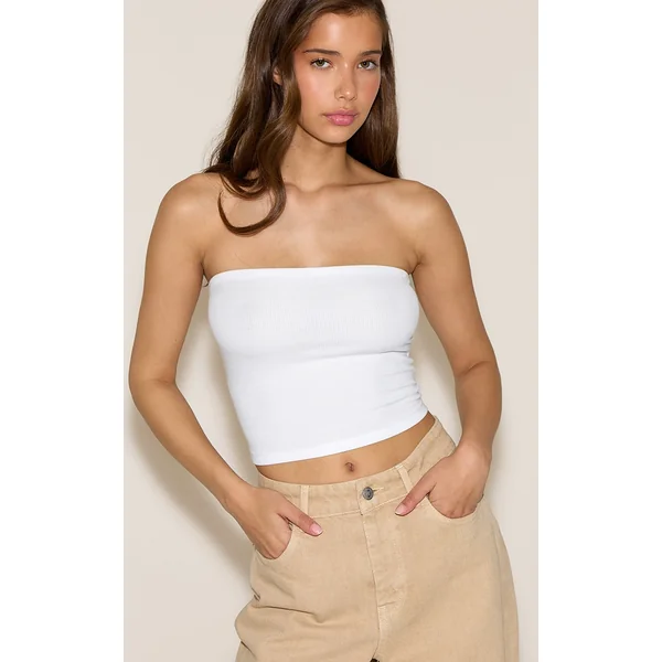 White Soft Rib Bandeau Top