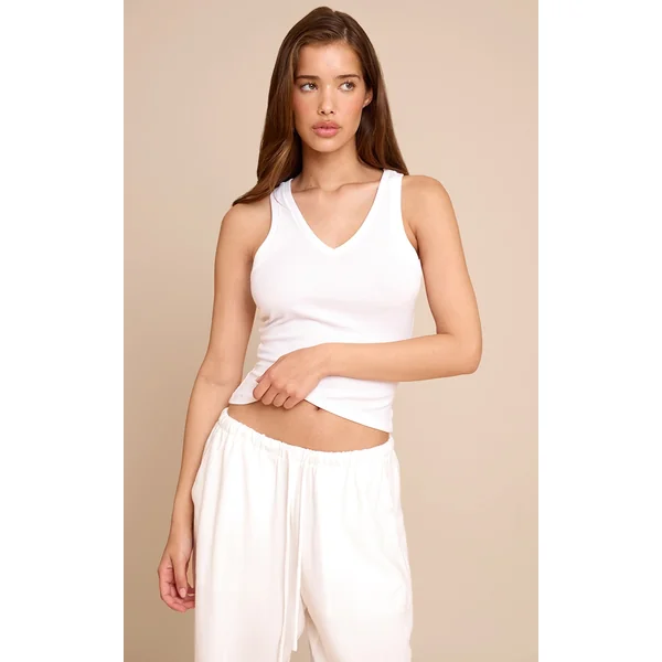 White Soft Rib V Neck Vest Top