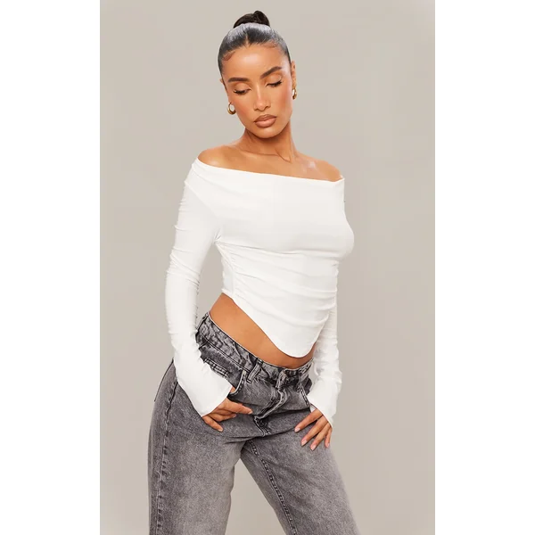 White Soft Touch Jersey Cowl Neck Dip Hem Top