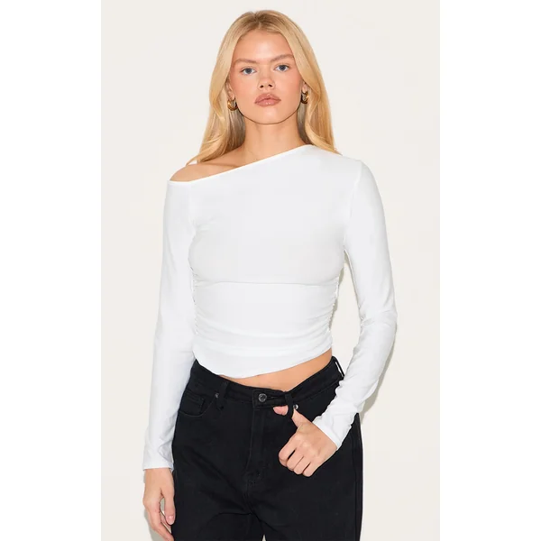 White Soft Touch Jersey Ruche Side Long Top