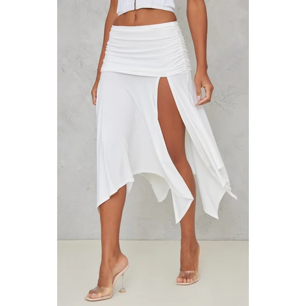 White Soft Touch Ruched Asymmetric Midi Skirt