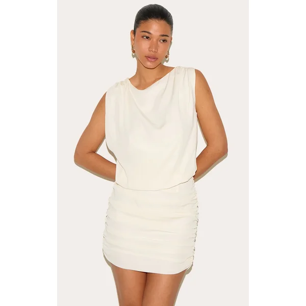 White Soft Touch Ruched High Neck Mini Dress