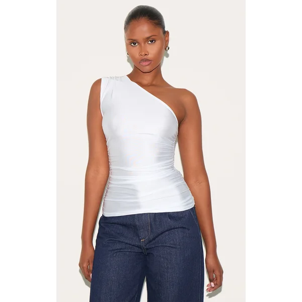 White Stretch Slinky Ruched Side Long Top