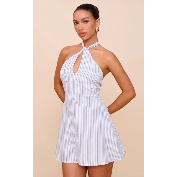White Striped Halterneck Shift Dress