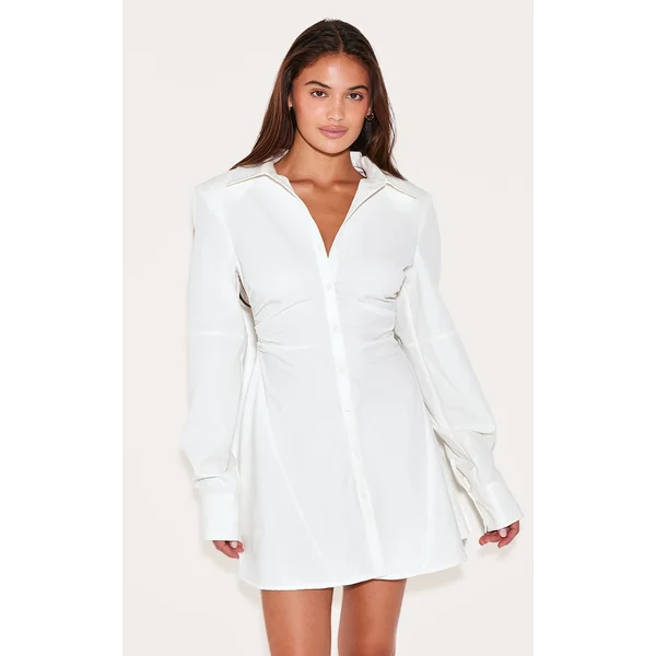 White Structured Ruched Detail Long Sleeve Shirt Dress