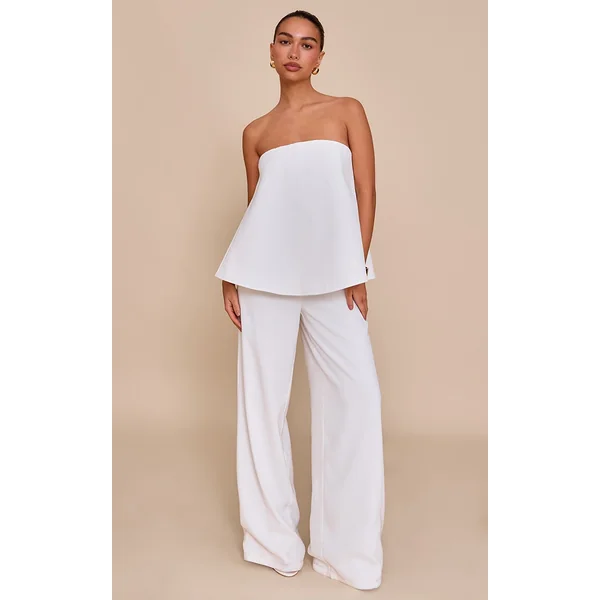 White Structured Woven Peplum Straight Leg Jumpsuit