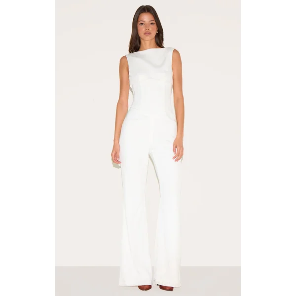 White Structured Woven Plunge Back Corset Straight Leg Jumpsuit