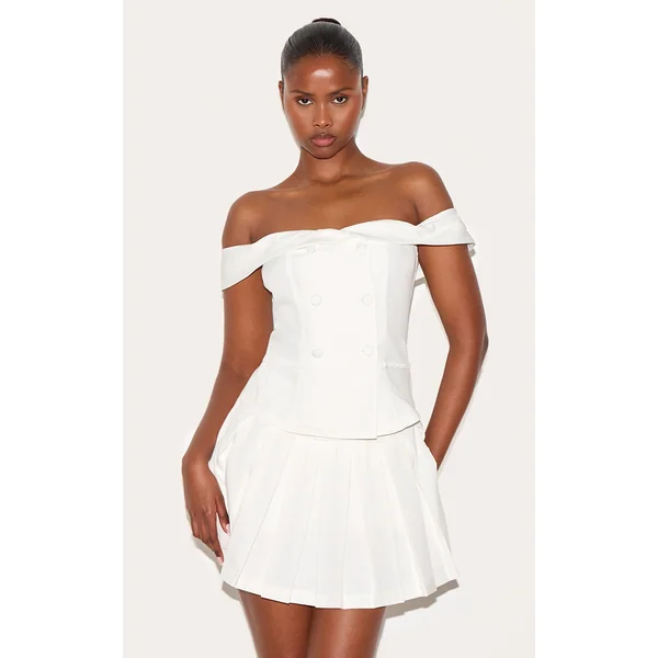 White Tailored Button Detail Bardot Pleated Skort Romper