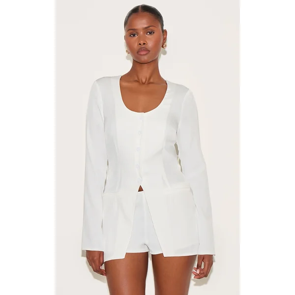 White Tailored Button Down Scoop Neck Romper