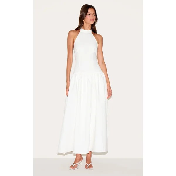 White Tailored High Neck Midaxi Dress