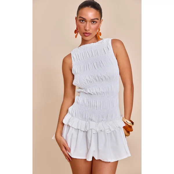 White Tailored Shirred Frill Shift Dress