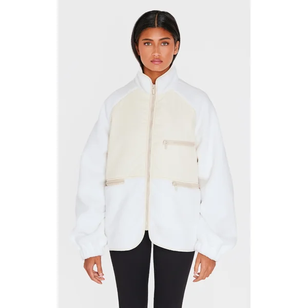 White Teddy Contrast Fleece Zip Up Jacket