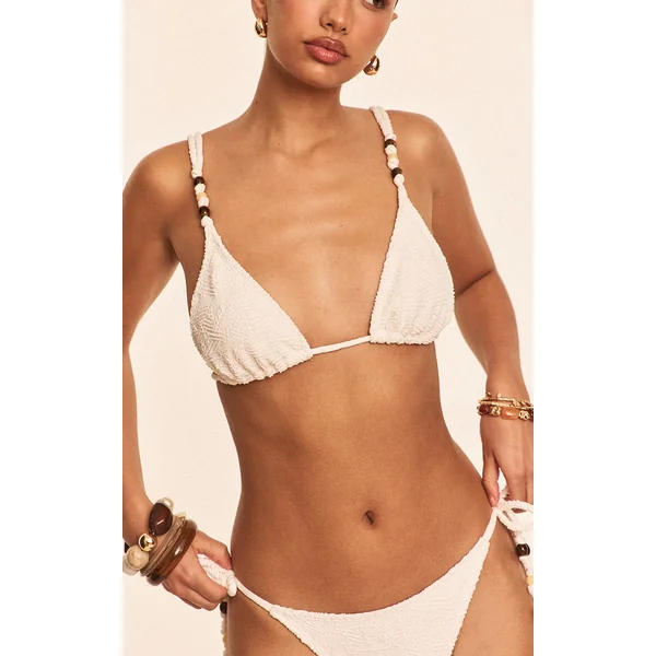 White Textured Bead Trim Triangle Bikini Top