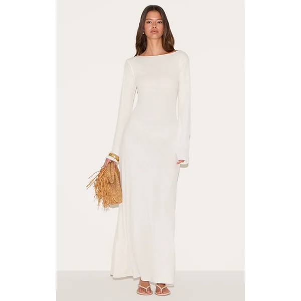 White Textured Boat Neck Long Sleeve Bodycon Maxi Dress