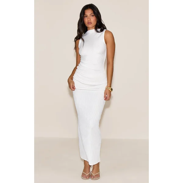 White Textured Boat Neck Sleeveless Maxi Dress