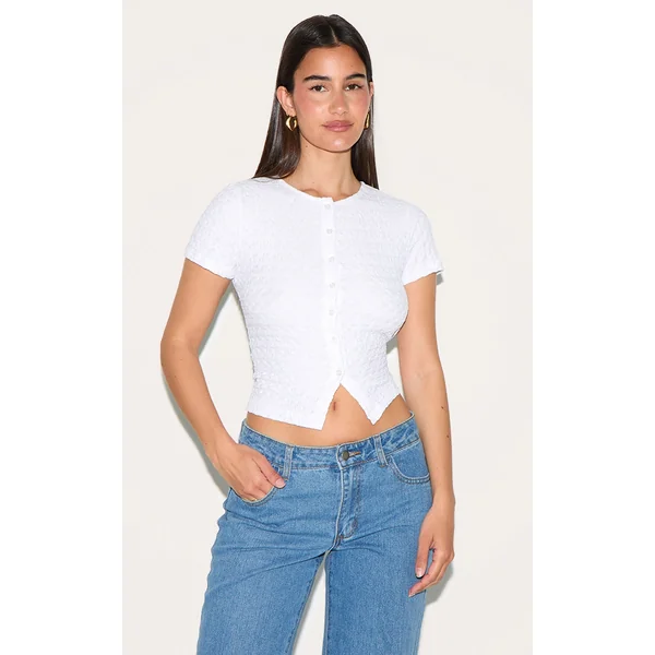 White Textured Button Up Fitted Top