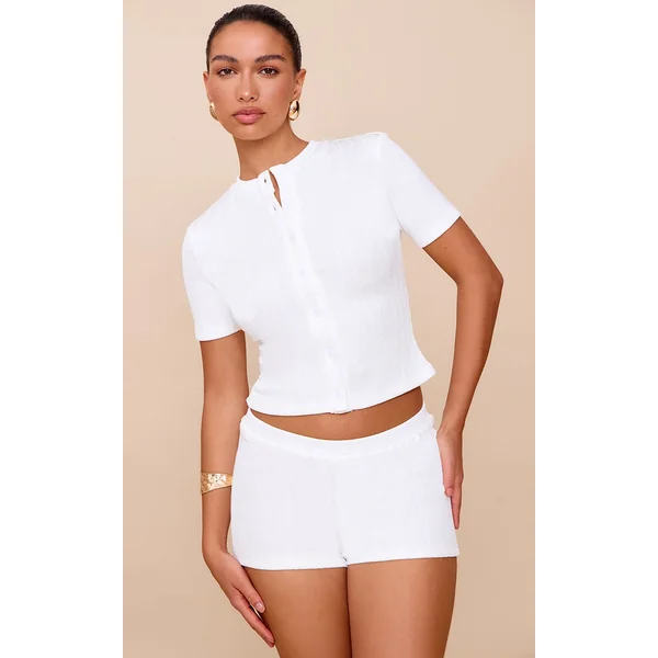 White Textured Button Up Longline Top