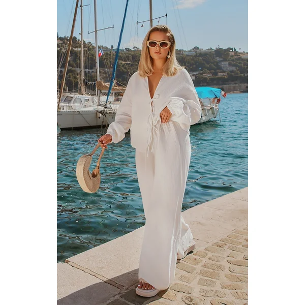 White Textured Cheesecloth Wide Leg Pants