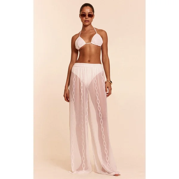 White Textured Chiffon Triangle Beach Top And Pant Set