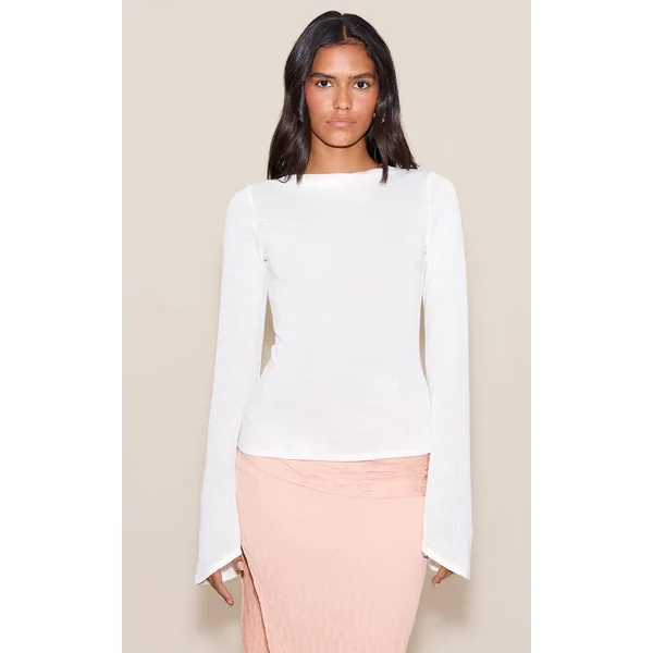 White Textured Extreme Flute Sleeve Long Top