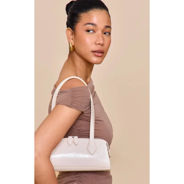 White Textured Faux Leather Bowler Bag