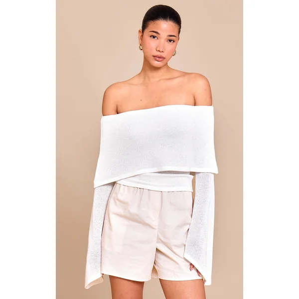 White Textured Fold Over Bardot Extreme Flute Sleeve Long Top