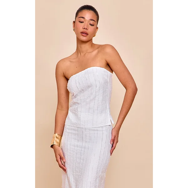 White Textured Frayed Bandeau Top