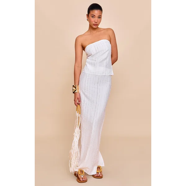 White Textured Frayed Mid Rise Maxi Skirt