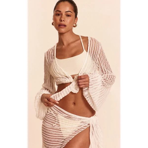 White Textured Front Tie Beach Top