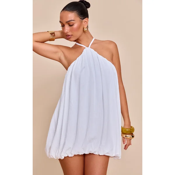 White Textured Halterneck linen look Puffball Dress