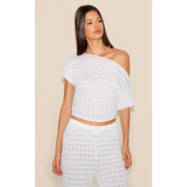White Textured Knit Off The Shoulder Top
