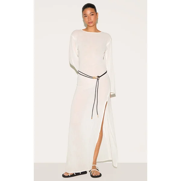 White Textured Long Sleeve Maxi Dress