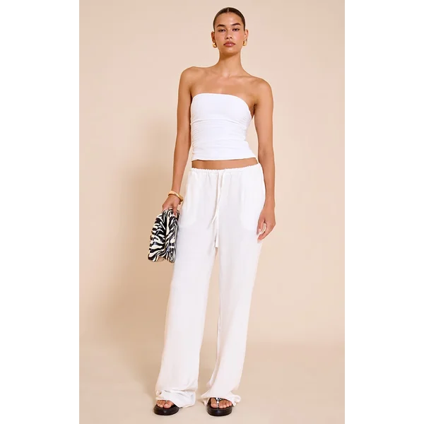 White Textured Mid Rise Wide Leg Drawstring Pants