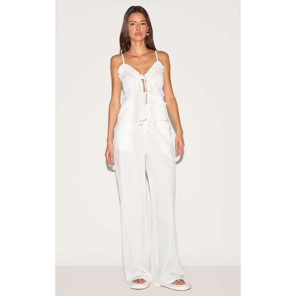 White Textured Mid Rise Wide Leg Pants