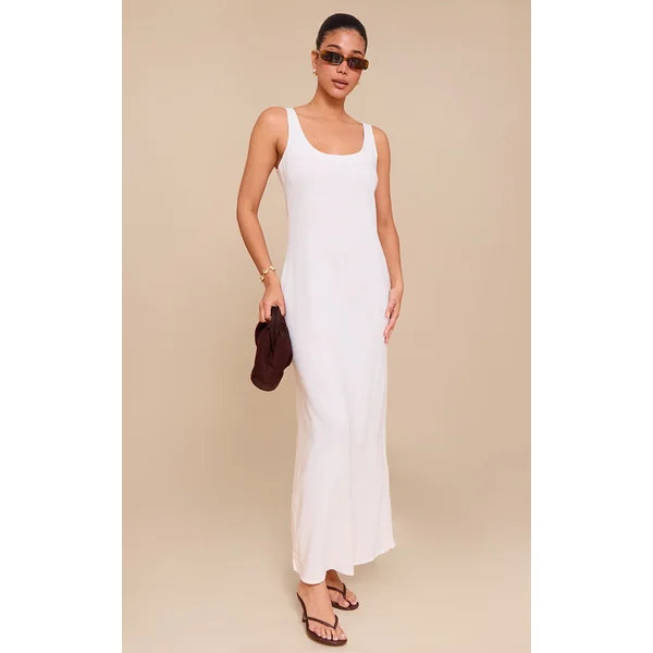 White Textured Scoop Neck Maxi Dress