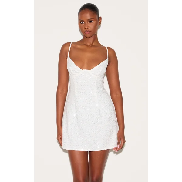 White Textured Sequin Corset Strappy Bodycon Dress