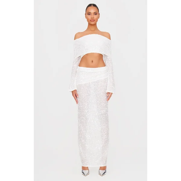White Textured Sequin Foldover Maxi Skirt