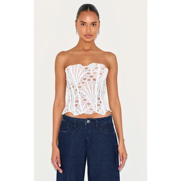 White Textured Sheer Floral Lace Corset