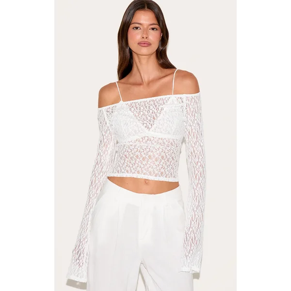 White Textured Sheer Lace Bardot Flared Sleeve Long Top
