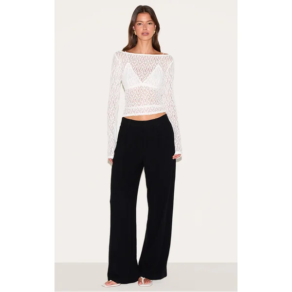 White Textured Sheer Lace Boat Neck Long Sleeve Top